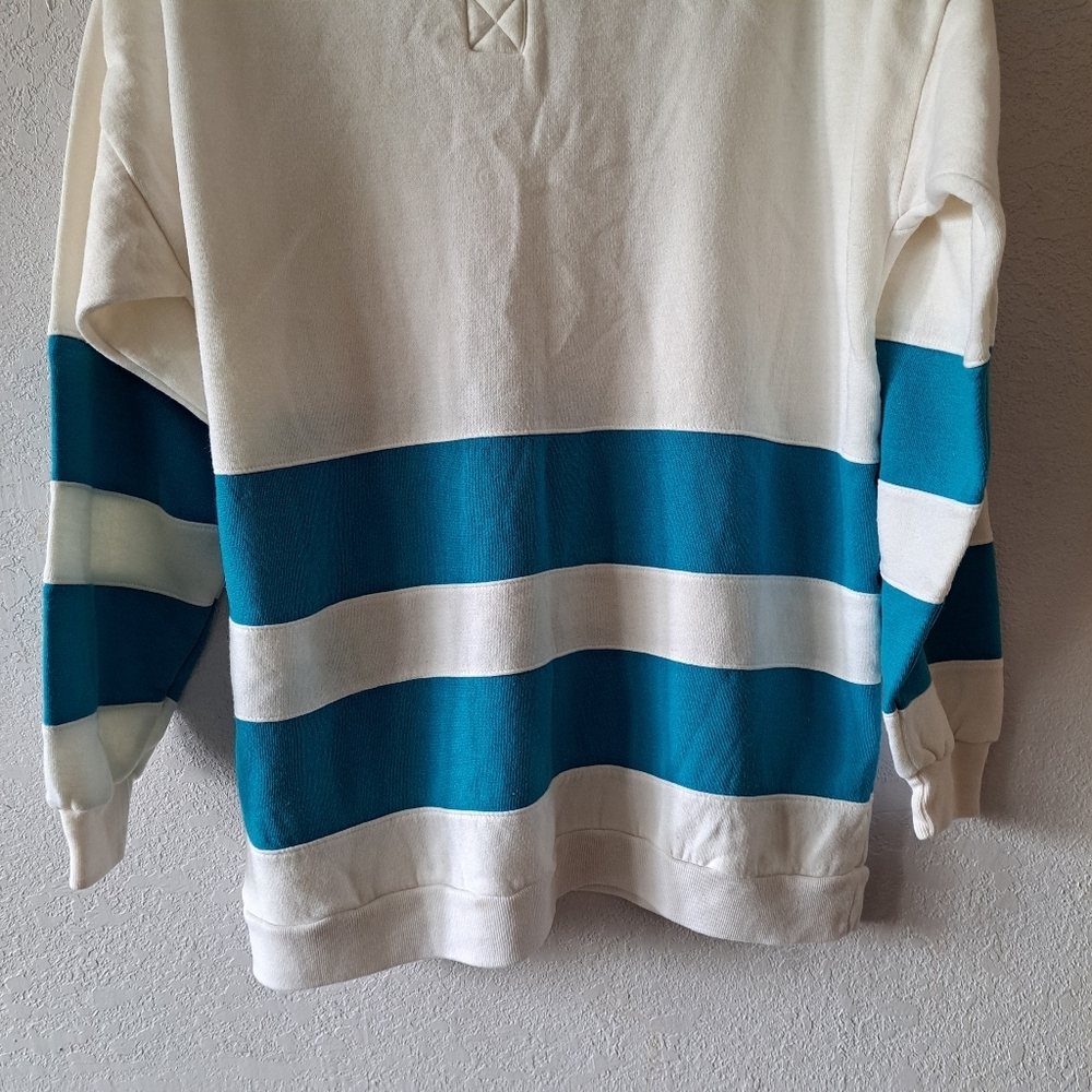 Blair Women's Cream and Blue Striped Crewneck Sweater - Picture 3 of 5